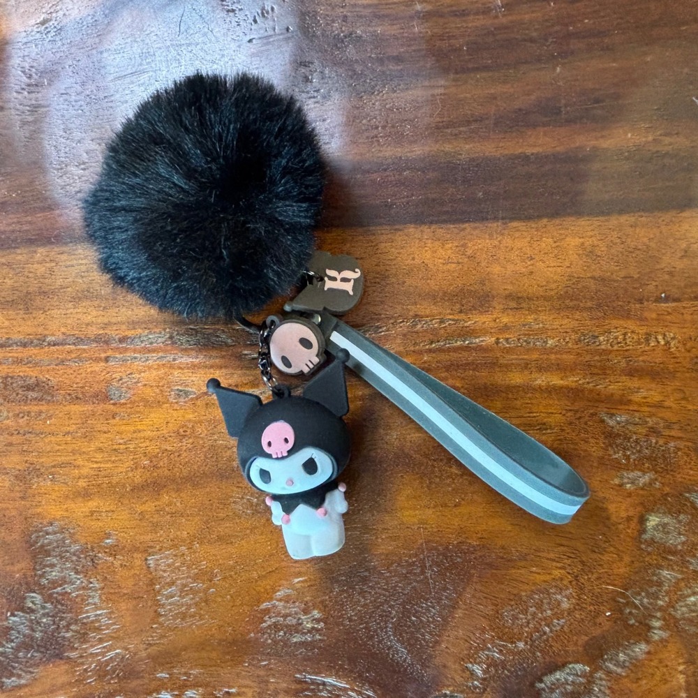 Sanrio Kuromi Keychain Black Pom Pom Wristlet Strap Rubber Figure Charm